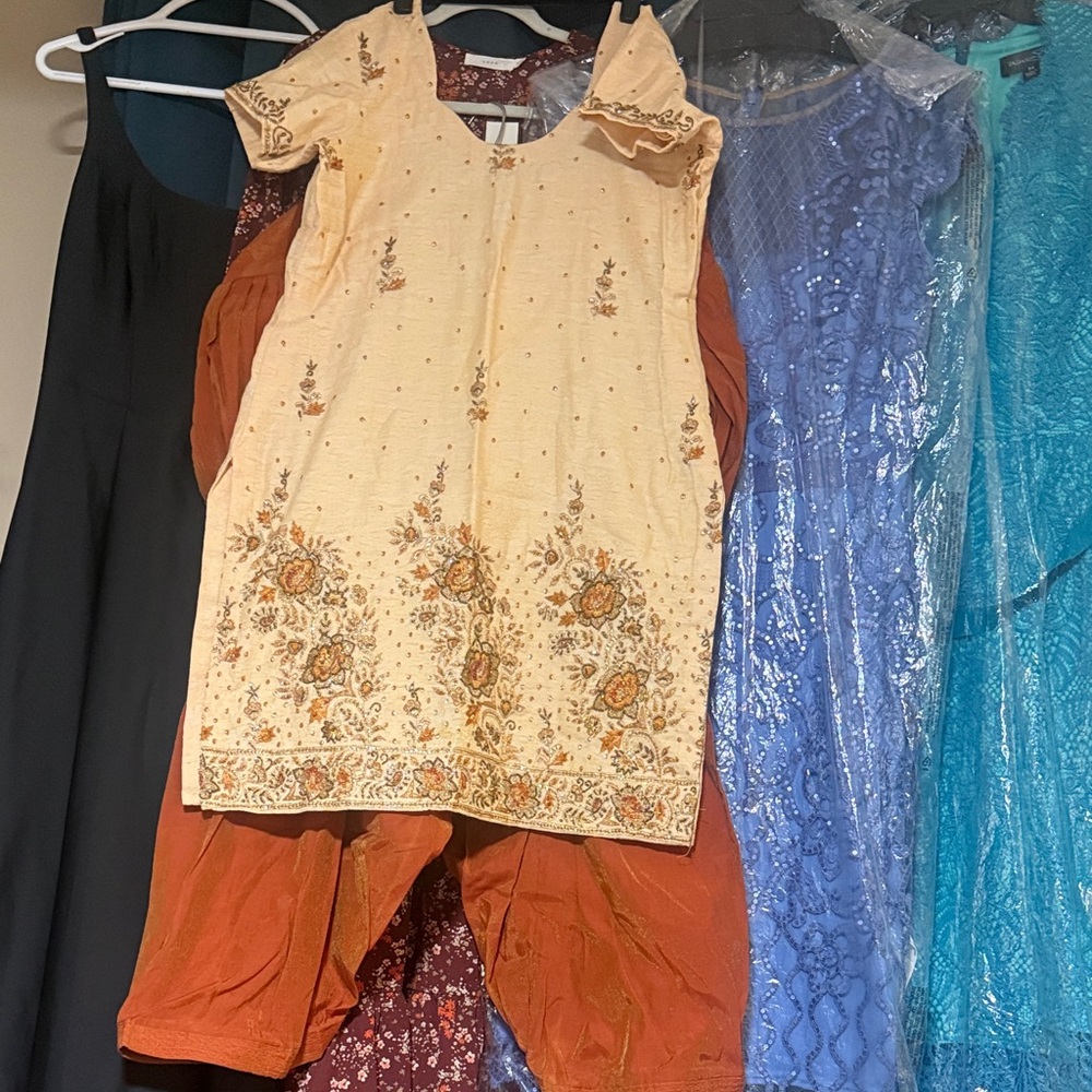 Floral Embroidered Cream and Rust Salwar Kameez Set
